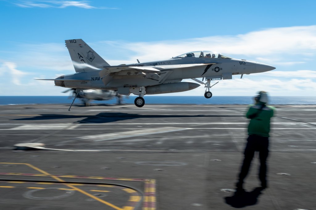250925-N-DL824-2006 ATLANTIC OCEAN (Sept. 25, 2025) An F/A-18F Super Hornet, attached to the “Red Rippers” of Strike Fighter Squadron (VFA) 11, lands on the flight deck of the Nimitz-class aircraft carrier USS Harry S. Truman (CVN 75). Truman is currently underway carrying out routine operations that support the Navy’s commitment to readiness, innovation, and future fleet lethality. (U.S. Navy photo by Mass Communication Specialist Seaman Michael Gomez)